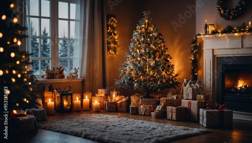Wallpaper Mural warm cozy evening in Christmas room interior design,Xmas tree decorated by lights gifts,toys, deer,candles, lanterns, garland Torontodigital.ca