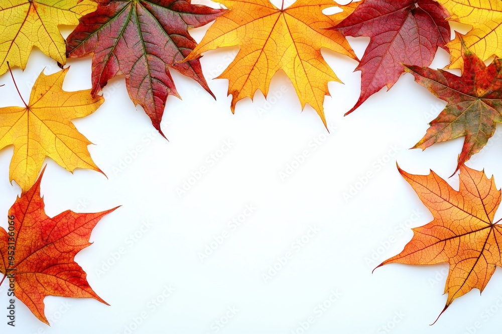 Fototapeta premium Autumn Maple Leaves Flat Lay White Background created with Generative AI