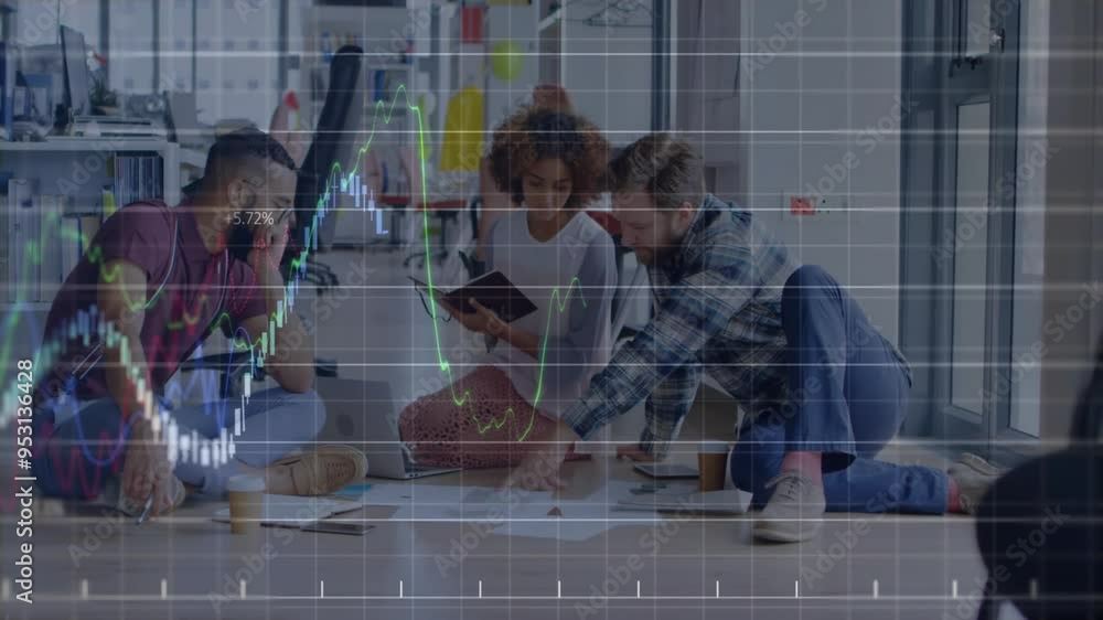 Financial data charts animation over diverse business team collaborating on floor Financial data charts animation over diverse business team collaborating on floor
