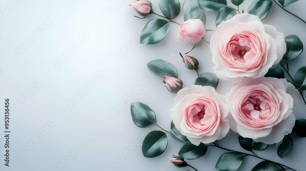 Pink Roses and Green Leaves on a White Background Pink Roses and Green Leaves on a White Background