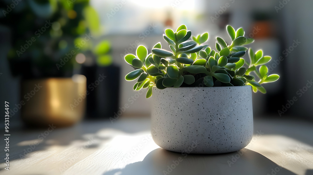 Succulent Plant in a Speckled Pot, Sunlight Shining Through Leaves Succulent Plant in a Speckled Pot, Sunlight Shining Through Leaves