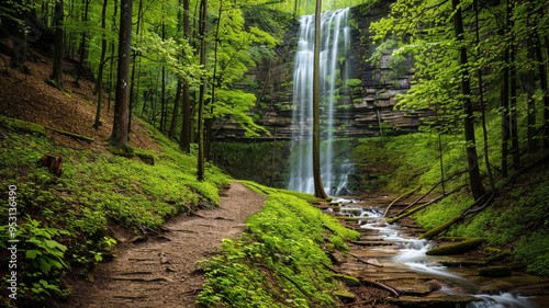 an image of a forest trail leading to a secluded waterfall