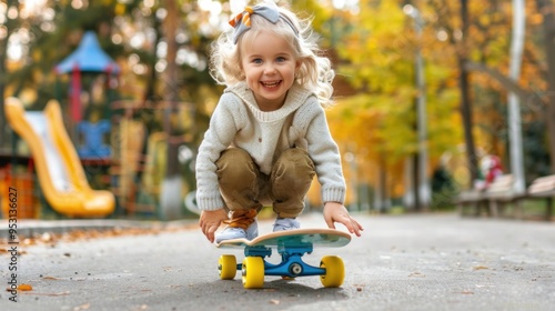 A young girl is smiling and riding a skateboard. Freedom, agility, culture, adrenaline, youth, expression, movement, challenge, street concept.