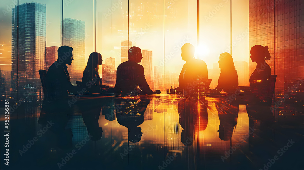 Silhouettes of Business People in a Meeting Room with a City View