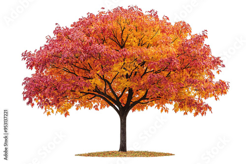 A large deciduous tree with vibrant red, orange, and yellow leaves in the autumn season.