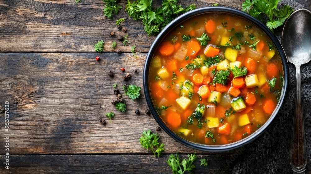 A bowl of hearty vegetable soup with a spoon on a rustic wooden table, leaving room for copy above. A bowl of hearty vegetable soup with a spoon on a rustic wooden table, leaving room for copy above.