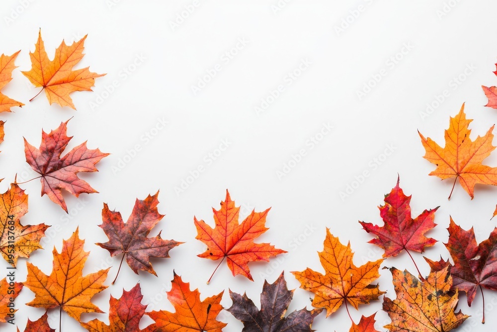 Fototapeta premium Autumn Maple Leaves Flat Lay White Background created with Generative AI