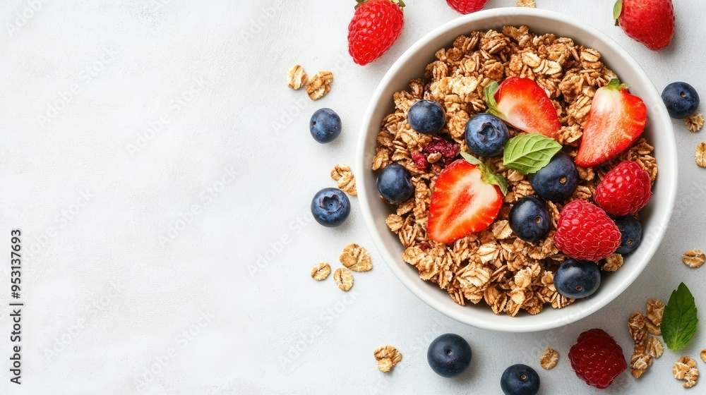 A bowl of homemade granola with fresh berries on a plain white table, leaving room for text. A bowl of homemade granola with fresh berries on a plain white table, leaving room for text.