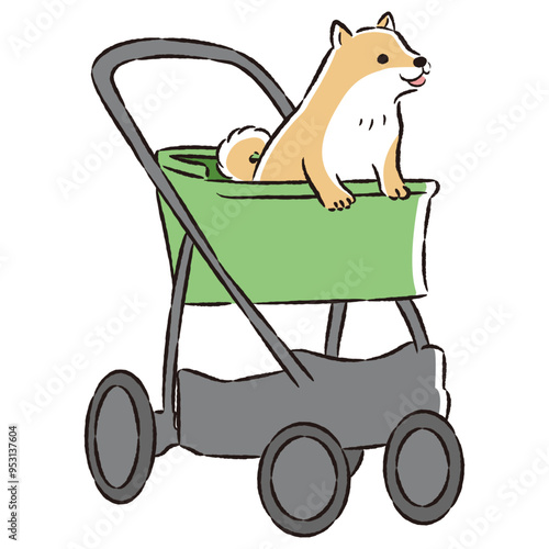 犬が乗ったペットカートの手描きイラスト