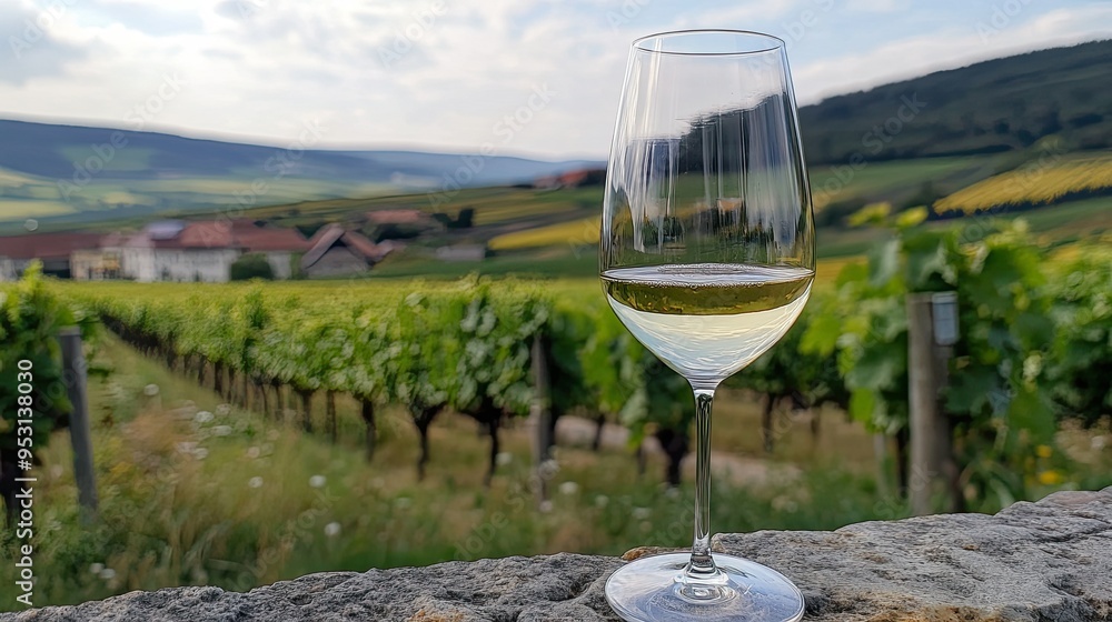 A chilled glass of Austrian Veltliner wine with a vineyard in the background.