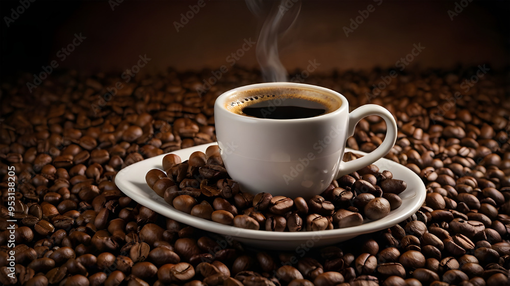 a cup of hot black coffee with coffee beans pile background a cup of hot black coffee with coffee beans pile background