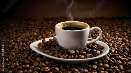 a cup of hot black coffee with coffee beans pile background