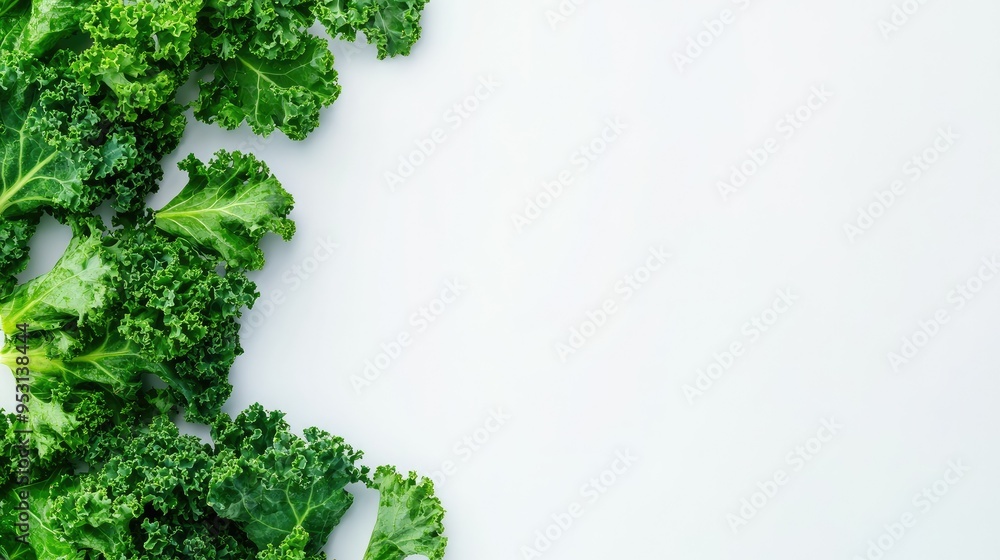 A close-up of fresh green leaves of kale on a plain white background with copy space. A close-up of fresh green leaves of kale on a plain white background with copy space.