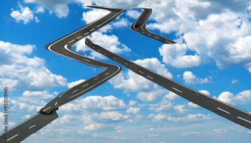 Many different roads or ways in the blue sky with clouds, business career journey or path choice, crossroad decision for success and future, confusion, challenge, solution, doubt