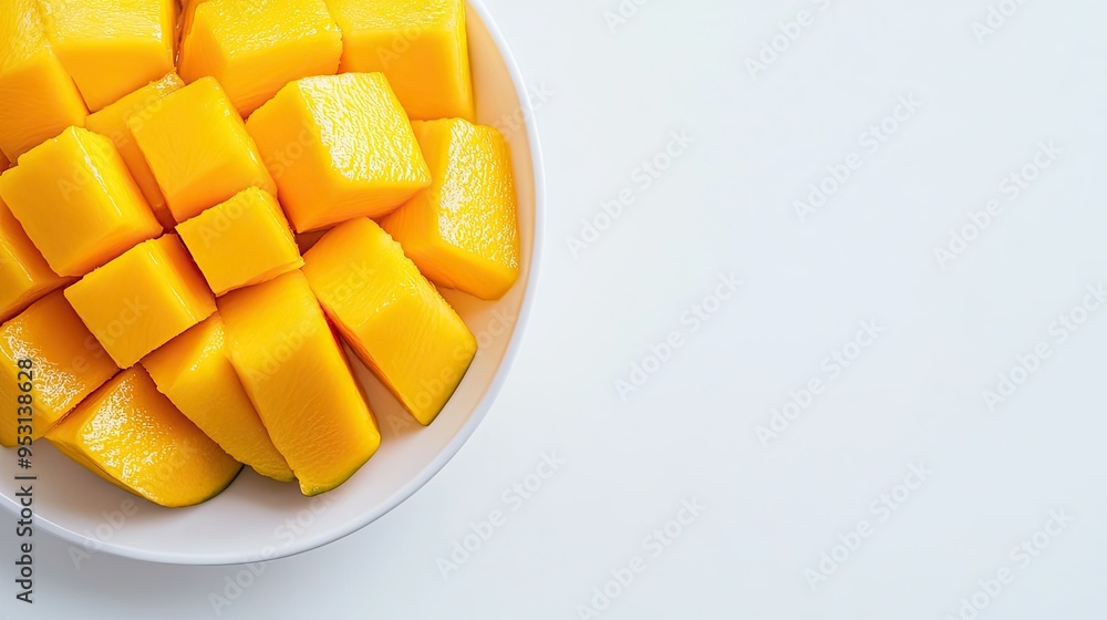A close-up of freshly sliced mango on a white plate, with ample copy space on the side. A close-up of freshly sliced mango on a white plate, with ample copy space on the side.