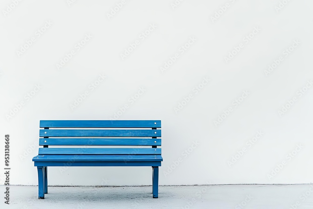 Blue bench on a plain white backdrop, positioned on the lower third, minimalist design with ample space for product placement, shot using a Sony Alpha A7 IV Blue bench on a plain white backdrop, positioned on the lower third, minimalist design with ample space for product placement, shot using a Sony Alpha A7 IV