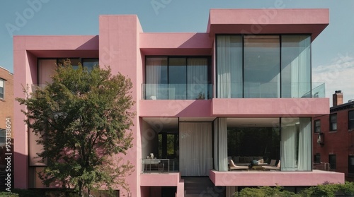 A modern pink house featuring large glass windows and a contemporary design.