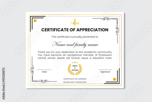 Diploma vector templatee design. Luxury Black and gold certificate of appreciation border template with badge and modern line and shapes. For award, business and education needs. 
