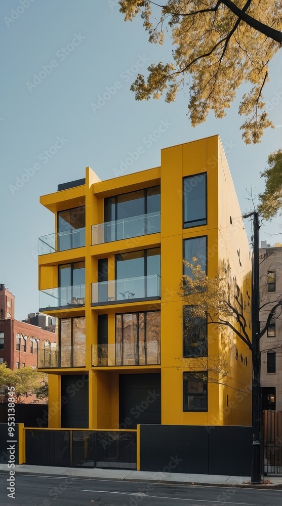 Naklejka premium A modern yellow building with large windows and balconies in an urban setting.