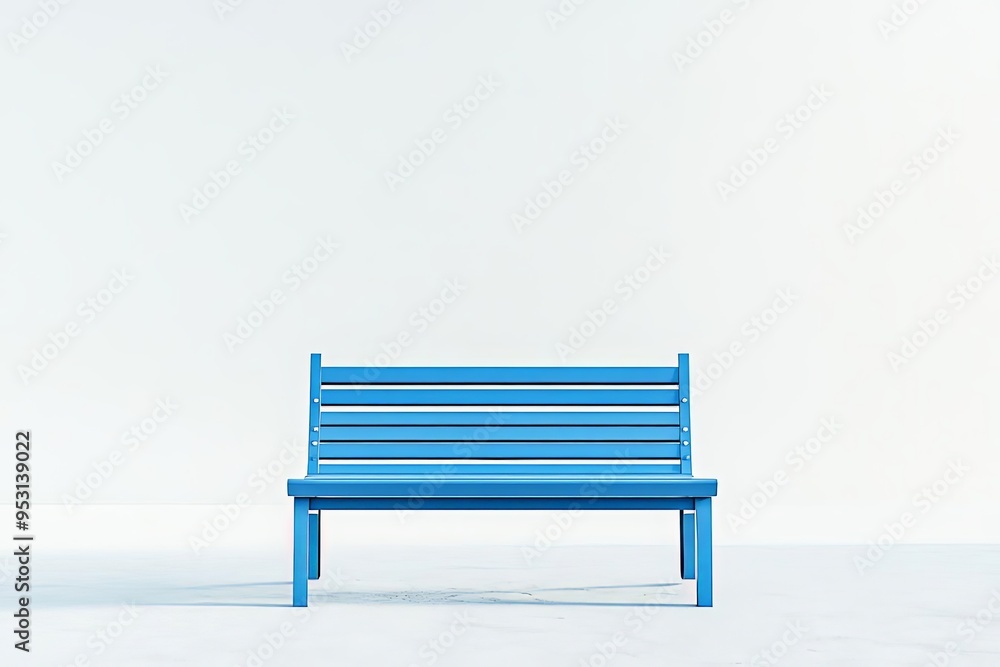 Blue bench positioned in the upper left third of a plain white background, minimalistic design with ample copy space, perfect for versatile uses, shot with a Sony Alpha A7 IV Blue bench positioned in the upper left third of a plain white background, minimalistic design with ample copy space, perfect for versatile uses, shot with a Sony Alpha A7 IV