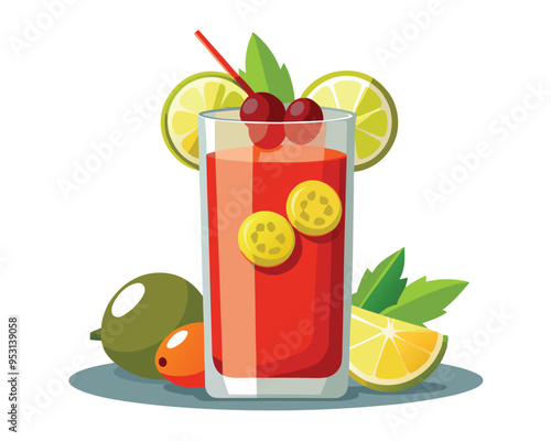 Bloody mary cocktail with lemon  green olives and tomato sauce vector illustration