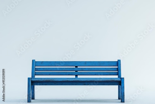 Empty blue bench in the lower third of a white background, minimalist design, clean and simple with lots of space for products or text, shot using a Sony Alpha A7 IV