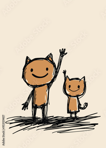 Illustration of cartoon cat character with its arm raised and waving, standing next to another happy small cat. Soft pastel color background. Funny stick figure line art. Minimalist bold black strokes