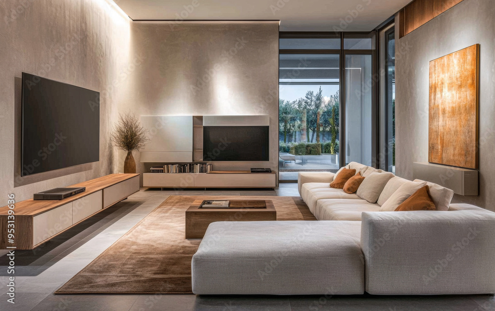 Fototapeta premium Modern minimalist living room interior with futuristic led lighting