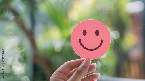 A hand holds a pink smiley face sticker against a blurred green background, conveying positivity and cheerfulness. photo