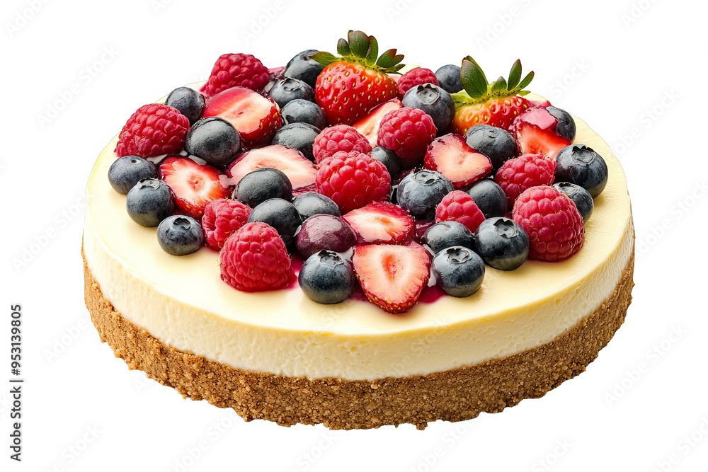 A whole cheesecake with a graham cracker crust topped with blueberries, raspberries, and strawberries. A whole cheesecake with a graham cracker crust topped with blueberries, raspberries, and strawberries.