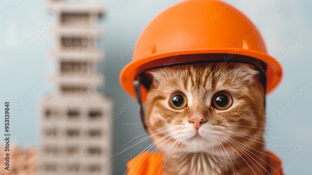 Adorable cat wearing construction helmet and vest, staring with wide eyes, in front of blurry building. Cute pet in construction-themed photo. Adorable cat wearing construction helmet and vest, staring with wide eyes, in front of blurry building. Cute pet in construction-themed photo.
