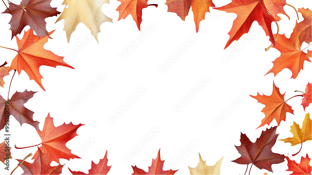 A frame of colorful autumn leaves surrounding a white transparent background. A frame of colorful autumn leaves surrounding a white transparent background.