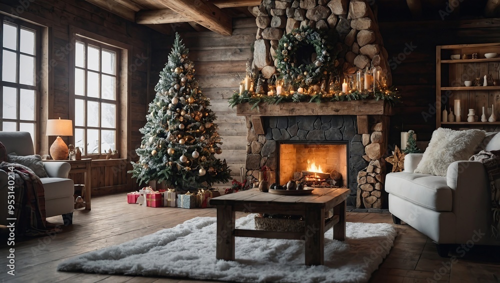 Winter rustic interior decorated for New year with artificial snow and Christmas tree Winter rustic interior decorated for New year with artificial snow and Christmas tree