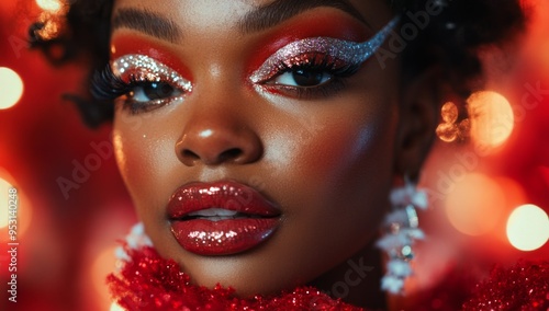 Close-up of a black woman wearing a red outfit and makeup with glitter on her eyelids 