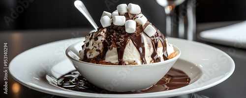 A delicious dessert featuring a scoop of vanilla ice cream topped with rich chocolate sauce and fluffy marshmallows. photo