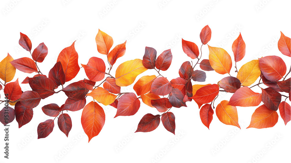 A horizontal border of vibrant red, orange, and yellow autumn leaves against a white transparent background. A horizontal border of vibrant red, orange, and yellow autumn leaves against a white transparent background.