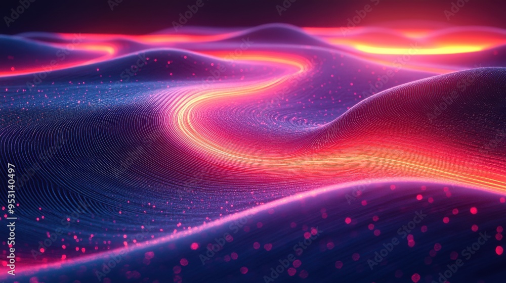 3D rendering of abstract neon background with glowing gold ascending lines and random impulses modern wallpaper