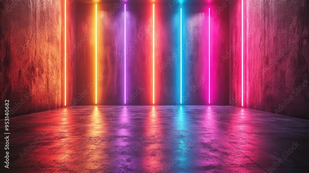 3D rendered abstract neon background with glowing colorful lines and empty performance stage lights reflecting. 3D rendered abstract neon background with glowing colorful lines and empty performance stage lights reflecting.