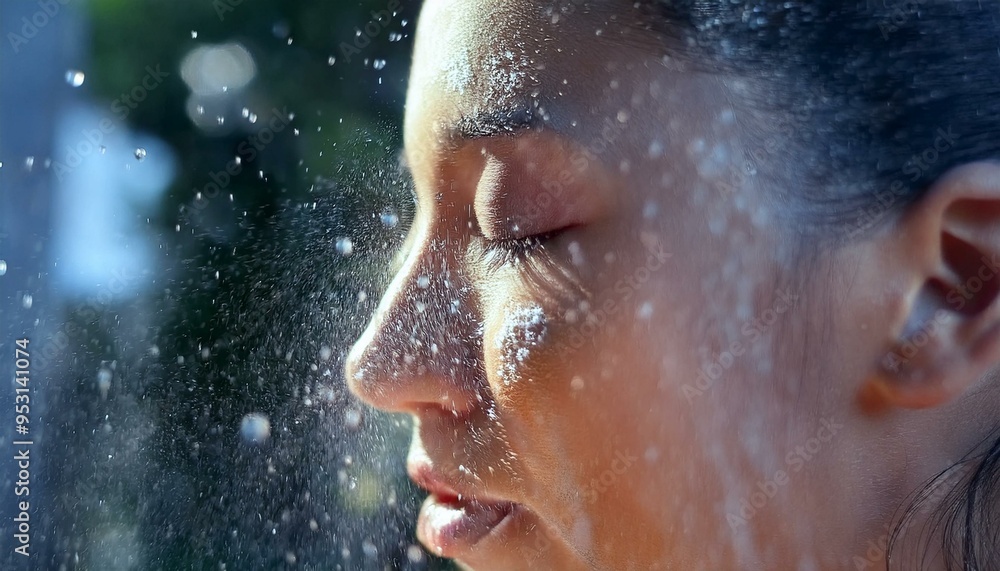 A dynamic action shot of a model spritzing facial mist onto their skin, capturing the refreshing sensation A dynamic action shot of a model spritzing facial mist onto their skin, capturing the refreshing sensation
