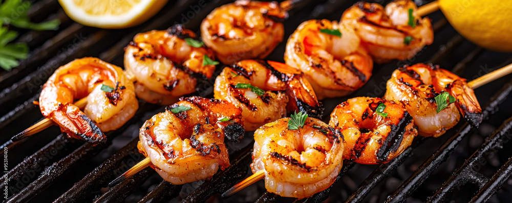 Juicy grilled shrimp skewers with a squeeze of lemon, glistening with marinade, outdoor grill setting Juicy grilled shrimp skewers with a squeeze of lemon, glistening with marinade, outdoor grill setting