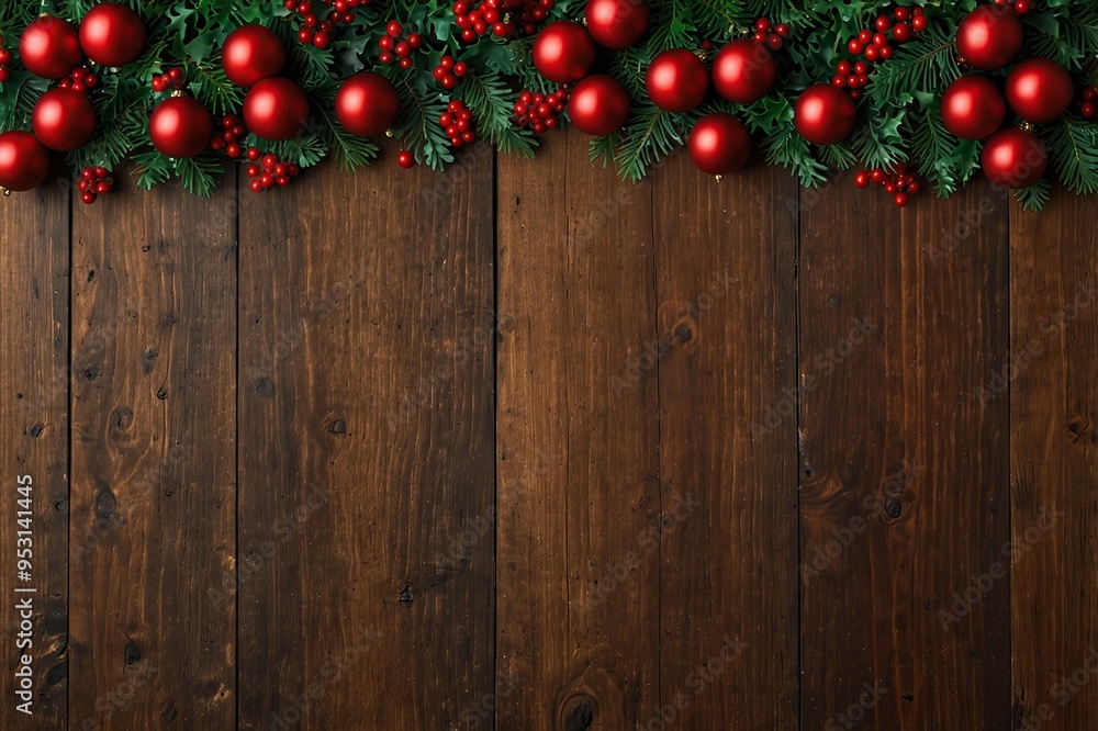 Wooden christmas background with red and green decorative ornament Wooden christmas background with red and green decorative ornament
