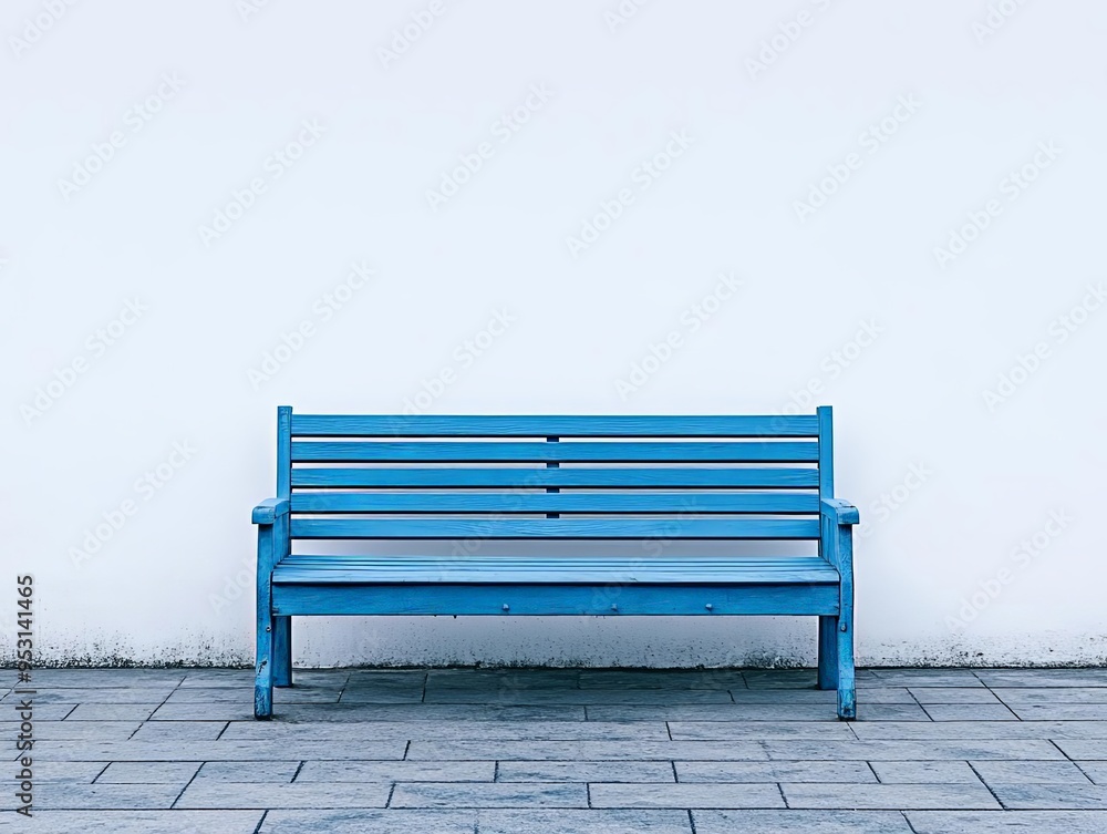 Empty blue bench on the upper third of a white background, minimalism at its best with ample space for product placement, shot using a Sony Alpha A7 IV Empty blue bench on the upper third of a white background, minimalism at its best with ample space for product placement, shot using a Sony Alpha A7 IV