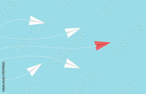 Leadership or different concept. Business investment to success. Red and white paper airplane  route line on blue background.