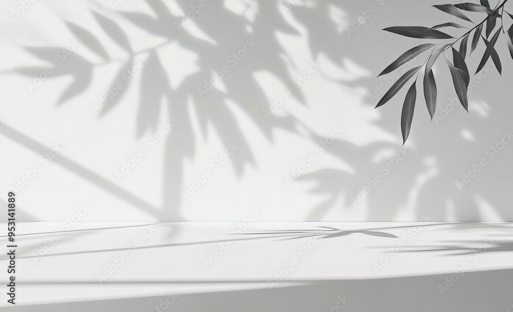 White background with shadows of leaves on the wall and floor. White background with shadows of leaves on the wall and floor.