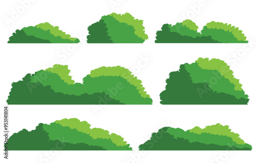 Green bushes. Set of grass bush isolated on white background. Green grass collection. Bush with beautiful. Flat vector illustration