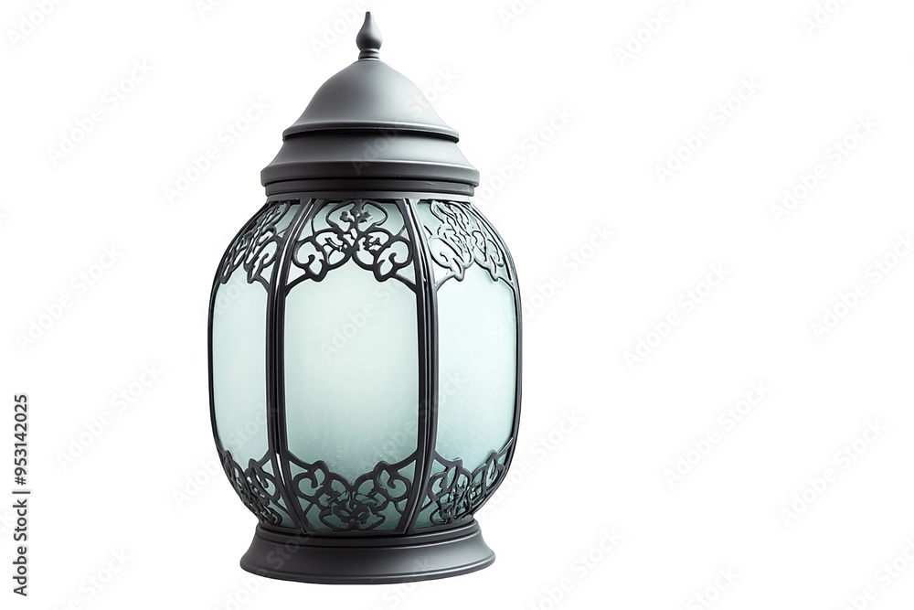 A traditional metal lantern with intricate designs and a frosted glass panel, isolated on a white transparent background. A traditional metal lantern with intricate designs and a frosted glass panel, isolated on a white transparent background.