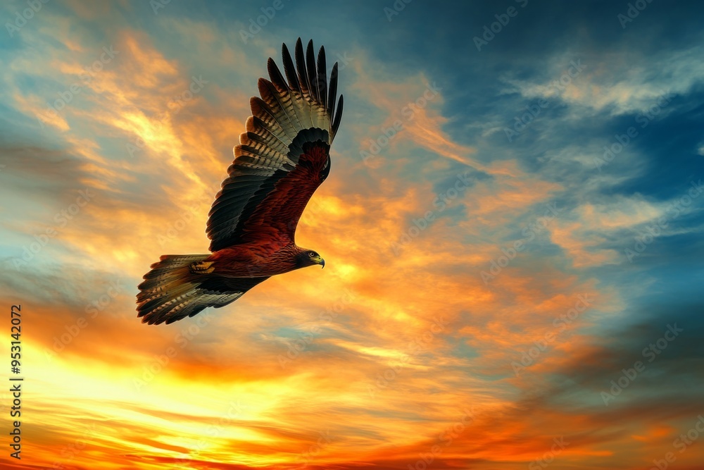 Fototapeta premium A majestic eagle soars through a vibrant sunset sky. The orange and blue hues create a stunning backdrop. Perfect for nature lovers. Generative AI