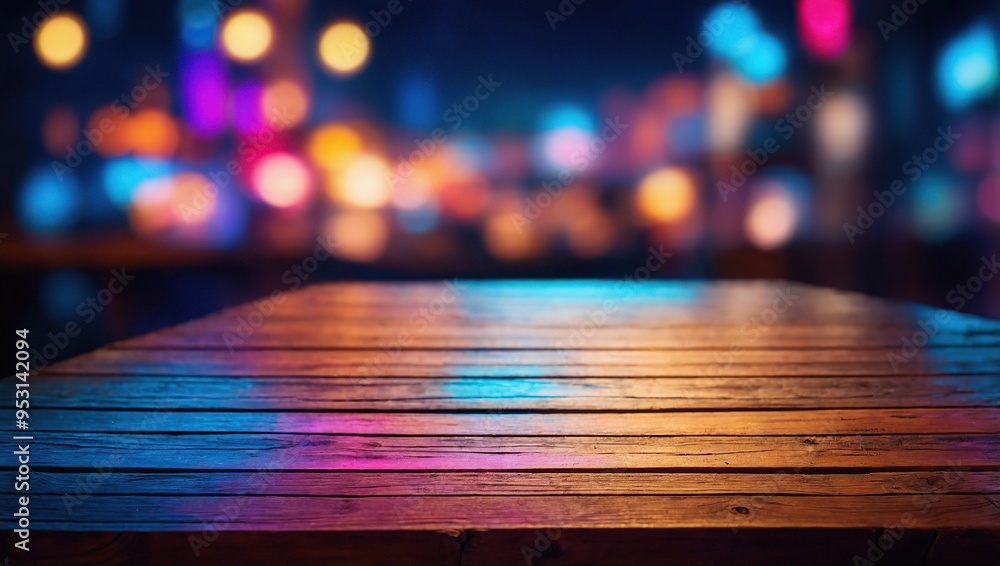 Wooden table, blurred bokeh background background. Neon light, night view, close-up Wooden table, blurred bokeh background background. Neon light, night view, close-up