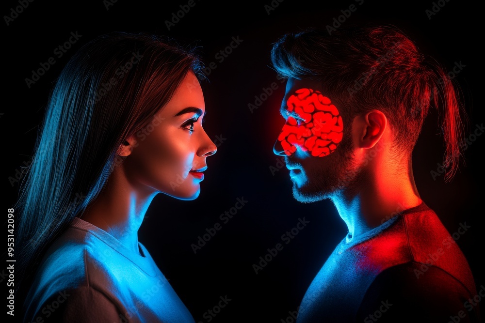 Neuroplasticity in love Playful portrait of a couple with puzzle pieces and brains symbolizing the intellectual compatibility and joy of solving problems together Neuroplasticity in love Playful portrait of a couple with puzzle pieces and brains symbolizing the intellectual compatibility and joy of solving problems together