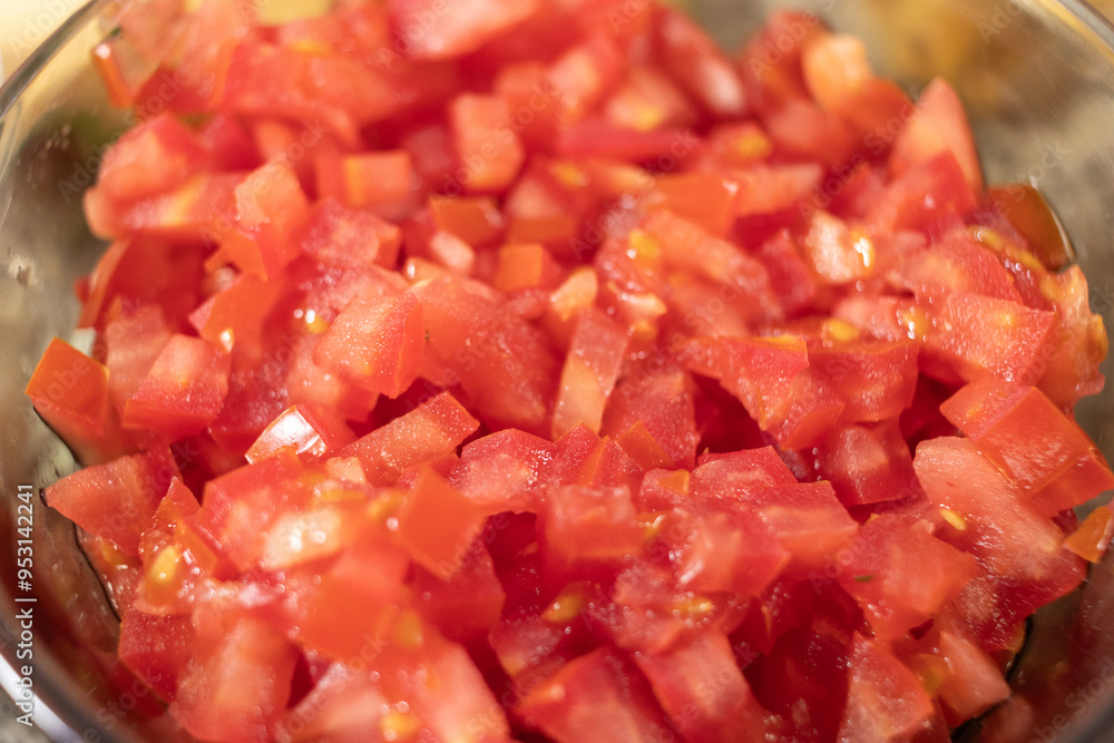 Chopped tomato in a glass bowl along with other ingredients needed to prepare chiles en nogada. Chopped tomato in a glass bowl along with other ingredients needed to prepare chiles en nogada.